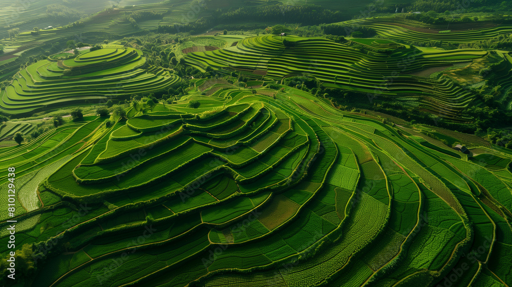 Fototapeta premium Panoramic View of Terraced Green Hills for Agriculture