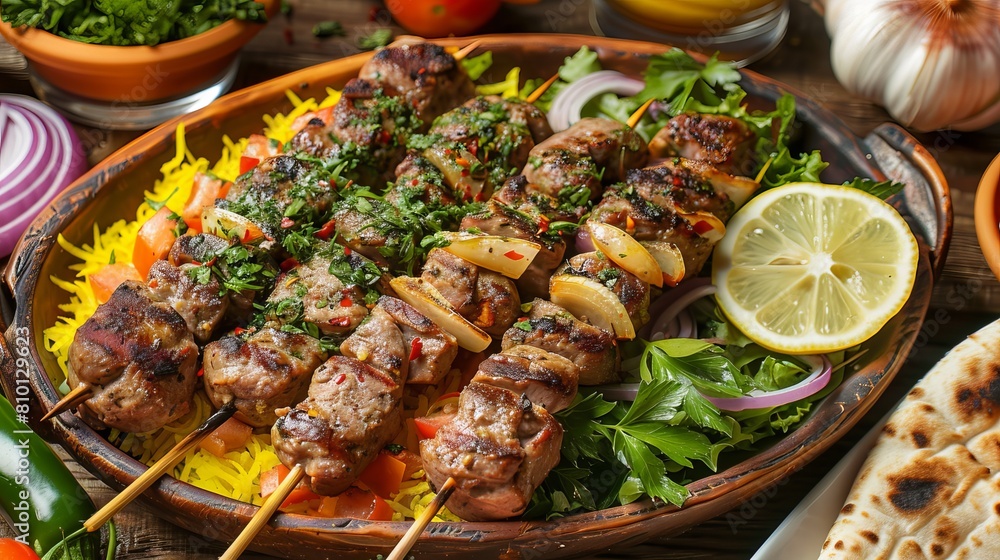 A delicious meat kabab with saffron, onion, tomato, pita bread, lemon slice and salad in a dish. A delicious meat kabab with saffron, onion, tomato, pita bread, lemon slice and salad in a dish.