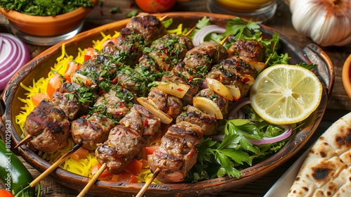 A delicious meat kabab with saffron, onion, tomato, pita bread, lemon slice and salad in a dish.
