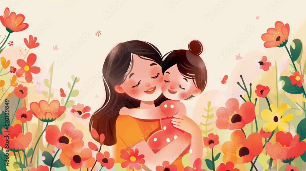 mother hugging her daughter watercolor draw background flowers mother hugging her daughter watercolor draw background flowers