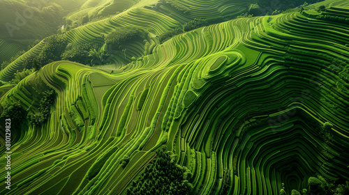 Panoramic View of Terraced Green Hills for Agriculture