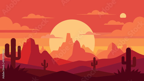 Wild Western Texas desert sunset with mountains and cactus in flat cartoon style vector. Sunset desert landscape. 