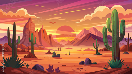 Wild Western Texas desert sunset with mountains and cactus in flat cartoon style vector. Sunset desert landscape. 