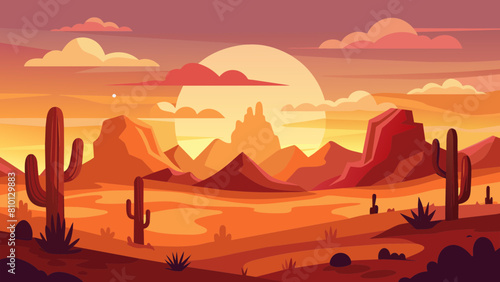 Wild Western Texas desert sunset with mountains and cactus in flat cartoon style vector. Sunset desert landscape. 