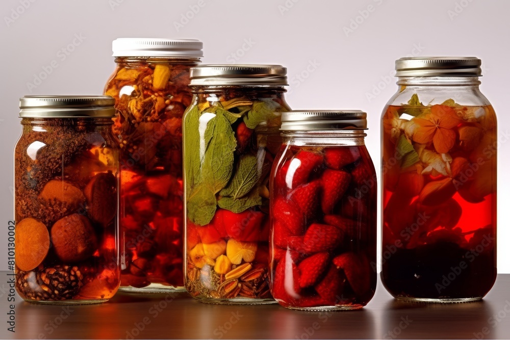 Assortment of homemade pickled vegetables in glass jars Assortment of homemade pickled vegetables in glass jars