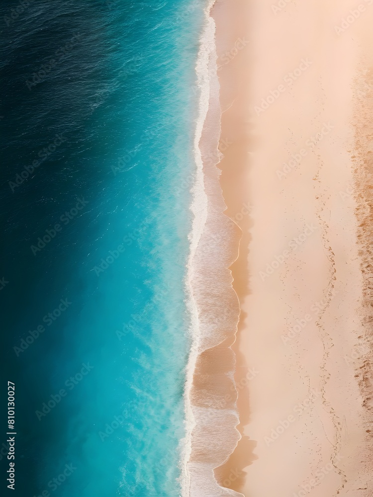 Aerial panorama of a pristine coastline, featuring a vast expanse of azure waters that gently lap onto a pristine sandy beach.