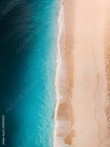 Obraz na płótnie Aerial panorama of a pristine coastline, featuring a vast expanse of azure waters that gently lap onto a pristine sandy beach. w salonie