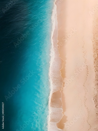 Aerial panorama of a pristine coastline  featuring a vast expanse of azure waters that gently lap onto a pristine sandy beach. 