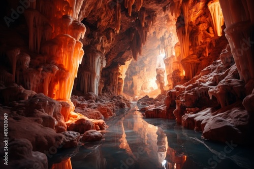 Dramatic underground cave with glowing orange stalactites and a serene pool of water