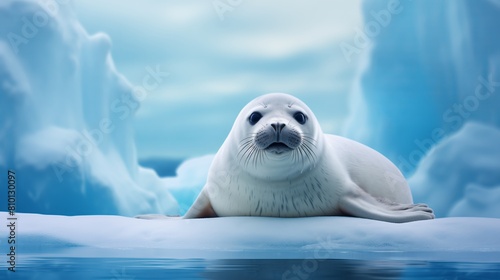 A serene baby seal lounges gracefully on a slab of ice, surrounded by a soft blue Arctic landscape, embodying peace and solitude in the wild photo