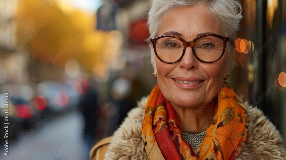 Smiling mature senior woman with short gray hair and eyeglasses walking on street, city scene Smiling mature senior woman with short gray hair and eyeglasses walking on street, city scene