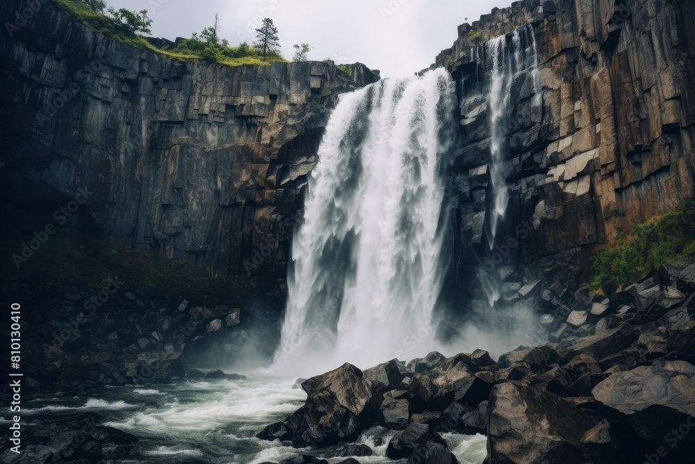 Obraz premium Powerful waterfall cascading down rugged cliffs