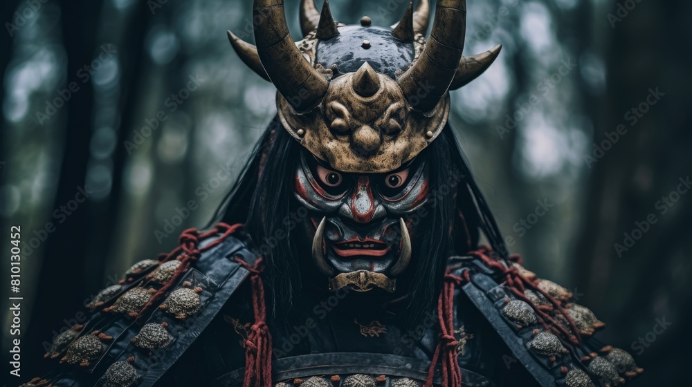 Fierce demonic warrior mask in dark forest Fierce demonic warrior mask in dark forest