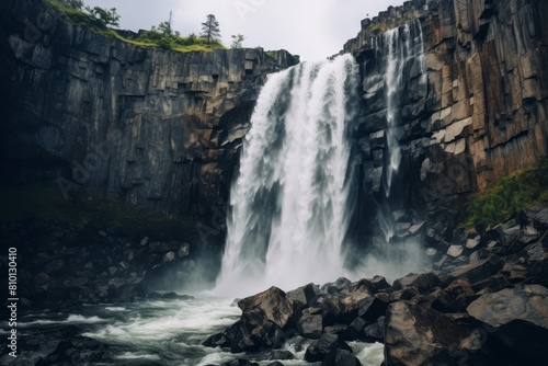 Powerful waterfall cascading down rugged cliffs