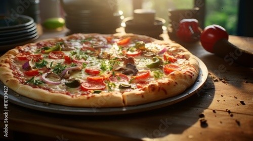 Delicious homemade pizza with fresh vegetables and herbs