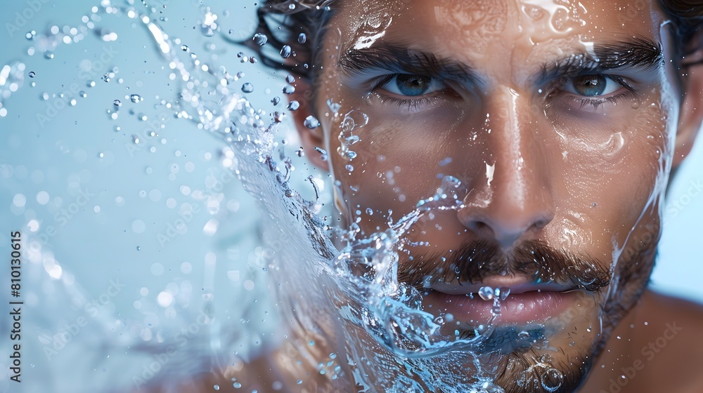 A close-up shot captures a man with intense eyes and a trimmed beard as water splashes around his face, creating a dynamic and refreshing scene. Generative AI