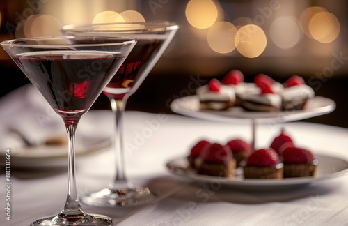 A close-up shot of red wine in martini glasses on a table  the plates filled with sweets and cakes