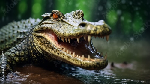 Fierce alligator with open mouth in water