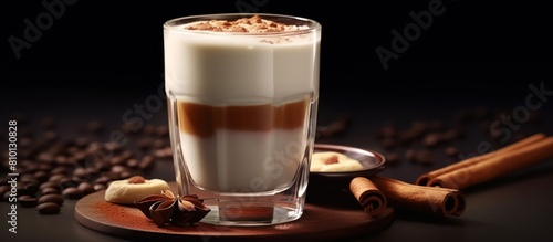 Delicious latte macchiato in glass cup and coffee beans ,cinnamon on table