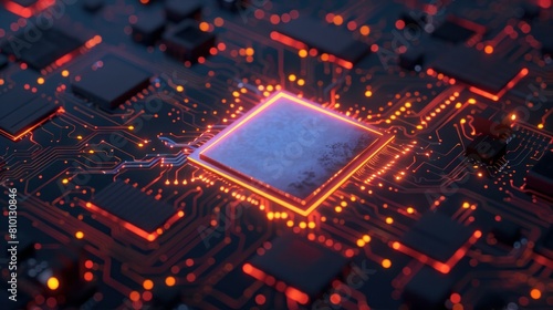 Advanced Technology Concept Visualization: Circuit Board CPU Processor Microchip Starting Artificial Intelligence Digitalization of Neural Networking and Cloud Computing. Digital Lines Move Data
