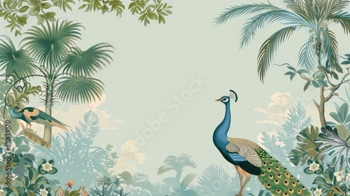 A pale blue and green patterned border with peacocks  palm trees  and plants in the background  a large blank space  Asian art style