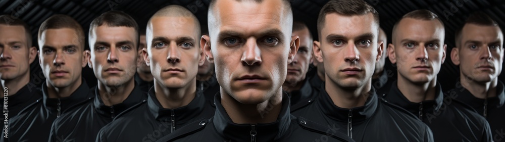 Serious men in black jackets standing in a row Serious men in black jackets standing in a row