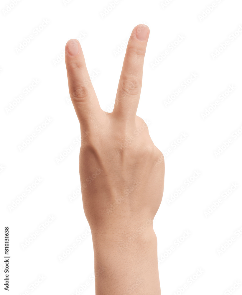 Woman showing v-sign on white background, closeup of hand Woman showing v-sign on white background, closeup of hand