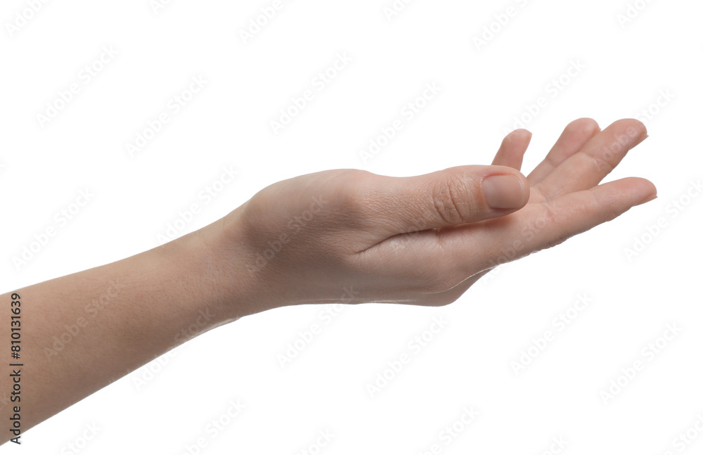 Woman holding something in hand on white background, closeup Woman holding something in hand on white background, closeup