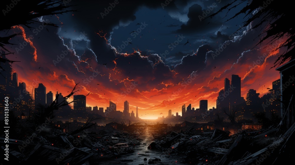 Dramatic post-apocalyptic cityscape at sunset Dramatic post-apocalyptic cityscape at sunset