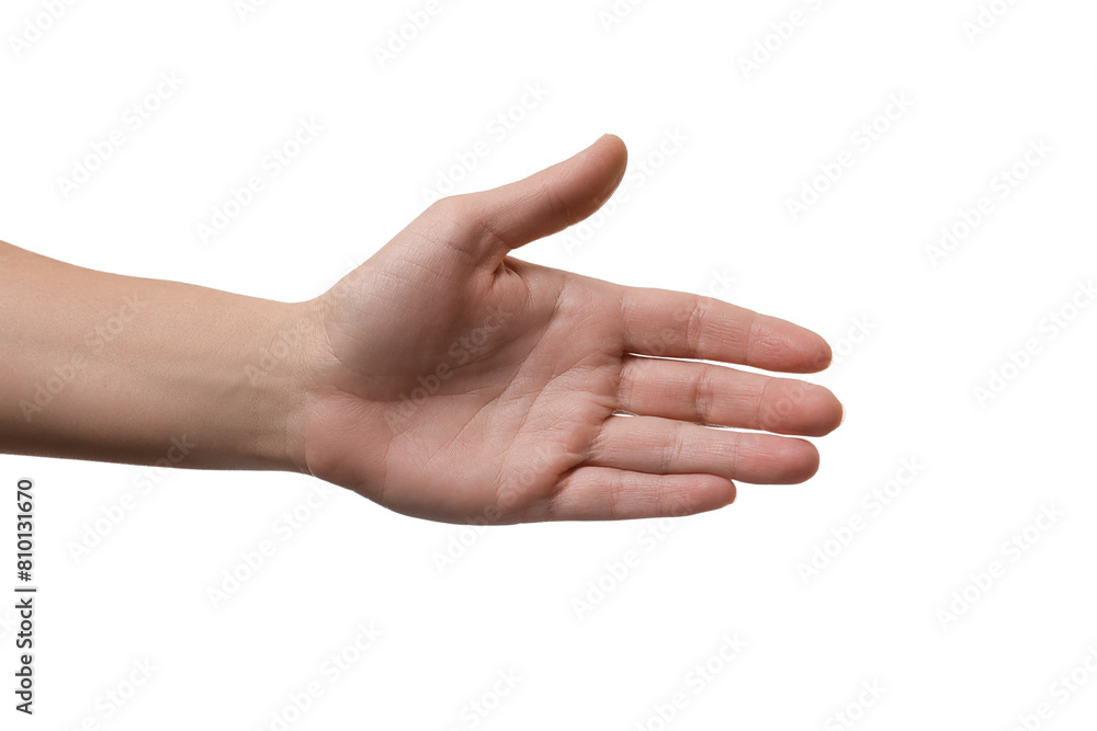 Woman offering handshake isolated on white, closeup Woman offering handshake isolated on white, closeup