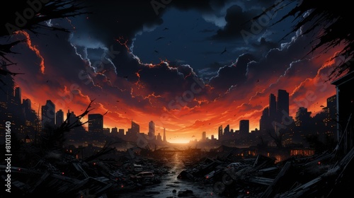Dramatic post-apocalyptic cityscape at sunset