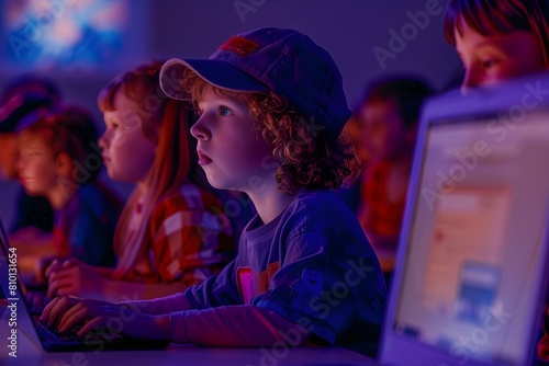 Młodzi ludzie przed ekranem komputera grają w gry komputerowe photo