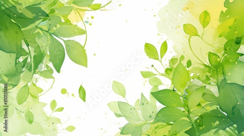 Abstract spring background with green leaves and watercolor splashes, light yellow and white colors, simple, white background