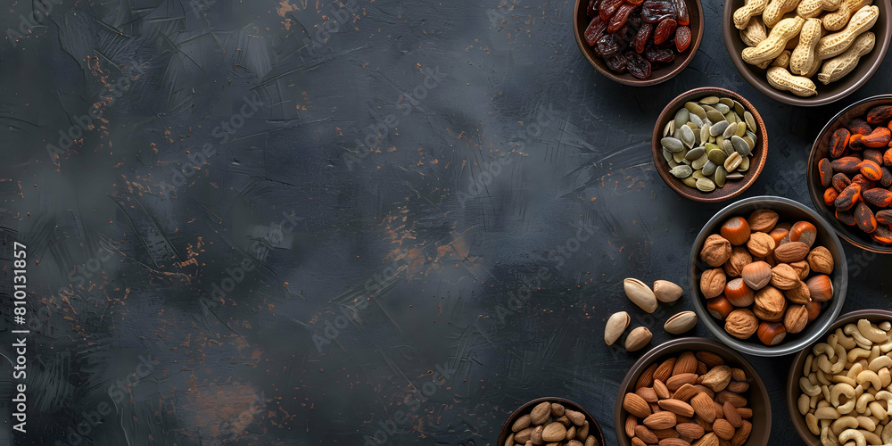 vertical view of an assortment of fruits and dried fruit on a worktop in a kitchen, space for copyboard vertical view of an assortment of fruits and dried fruit on a worktop in a kitchen, space for copyboard