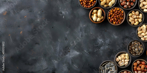 vertical view of an assortment of fruits and dried fruit on a worktop in a kitchen, space for copyboard