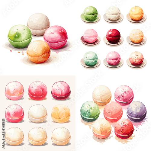 Watercolor illustration of colorful scoops of ice cream and sorbet in various flavors. A perfect design for desserts, frozen treats, summer refreshments, and gourmet food projects.