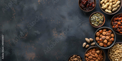 vertical view of an assortment of fruits and dried fruit on a worktop in a kitchen, space for copyboard photo