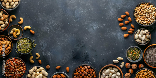 vertical view of an assortment of fruits and dried fruit on a worktop in a kitchen, space for copyboard photo