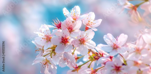 Beautiful white and pink cherry flowers blossoms against the blue sky.