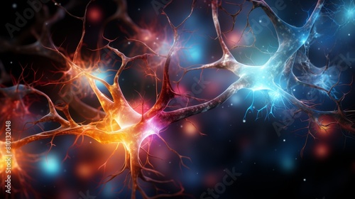 Glowing neural network connections in the brain photo