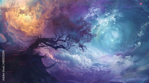 A tree is growing in the sky with a blue and purple background. The sky is filled with clouds and stars