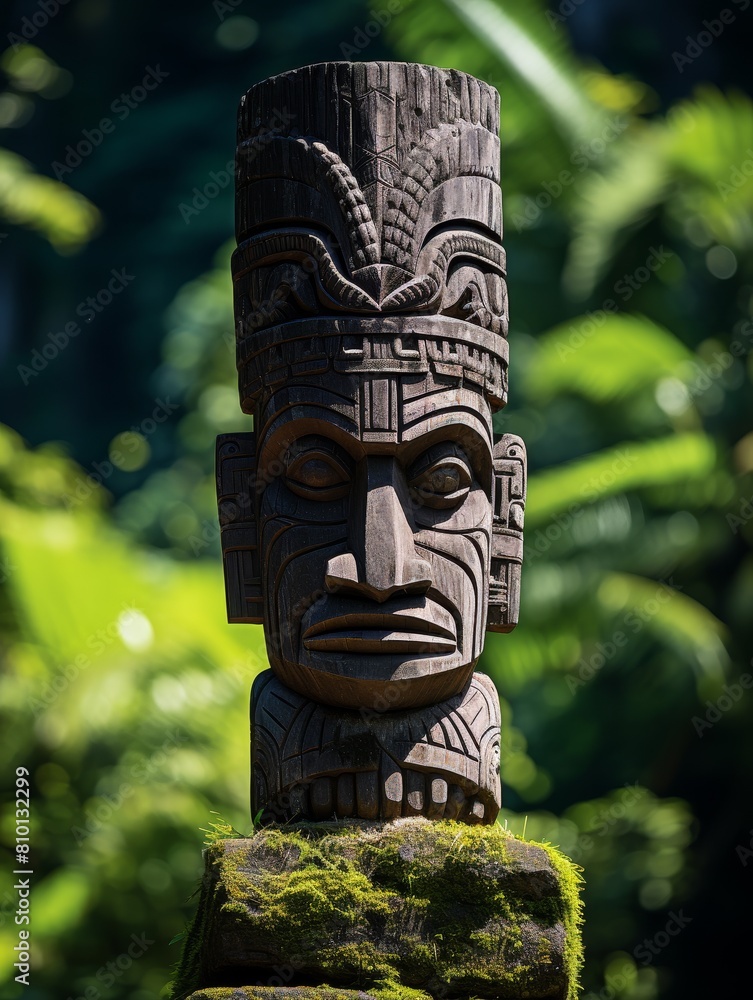 Carved wooden totem pole in lush green forest Carved wooden totem pole in lush green forest