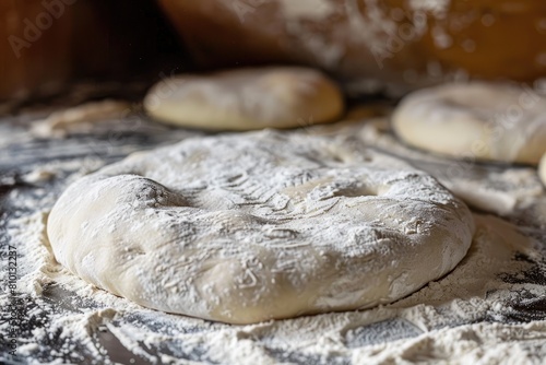 Fresh dough sprinkled with flour ready to be kneaded and baked into delicious bread