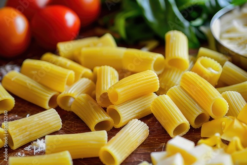 Close-up of a pile of dried, uncooked pasta with tomatoes and basil in the background.