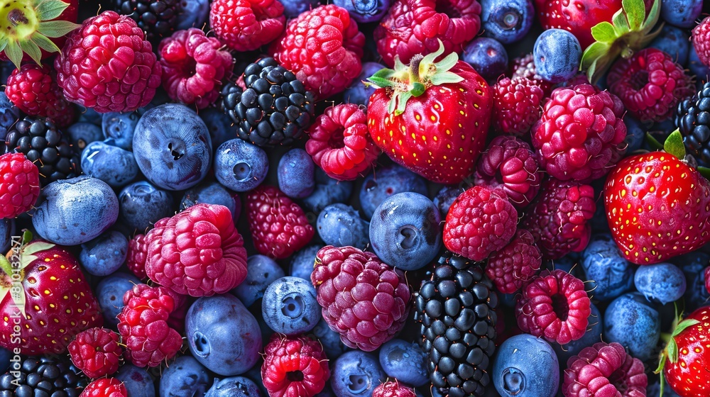 Assorted fresh berries make up a vibrant backdrop. Assorted fresh berries make up a vibrant backdrop.