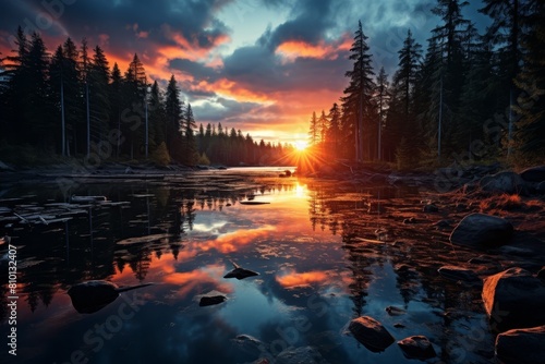 Breathtaking sunset over tranquil forest lake