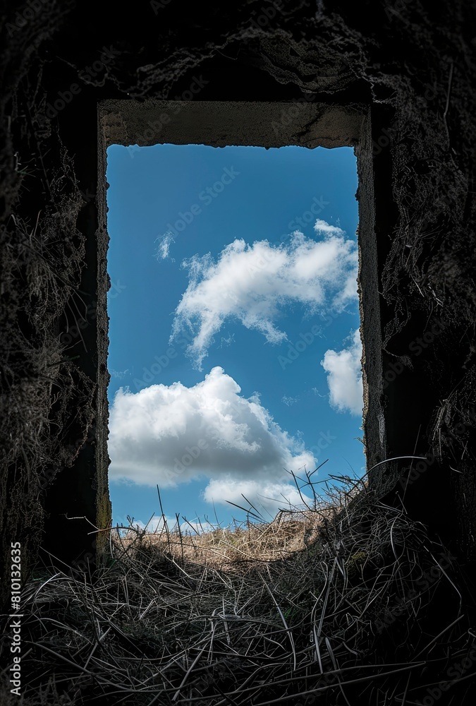 View from inside of an open grave, looking out at blue sky and white clouds.