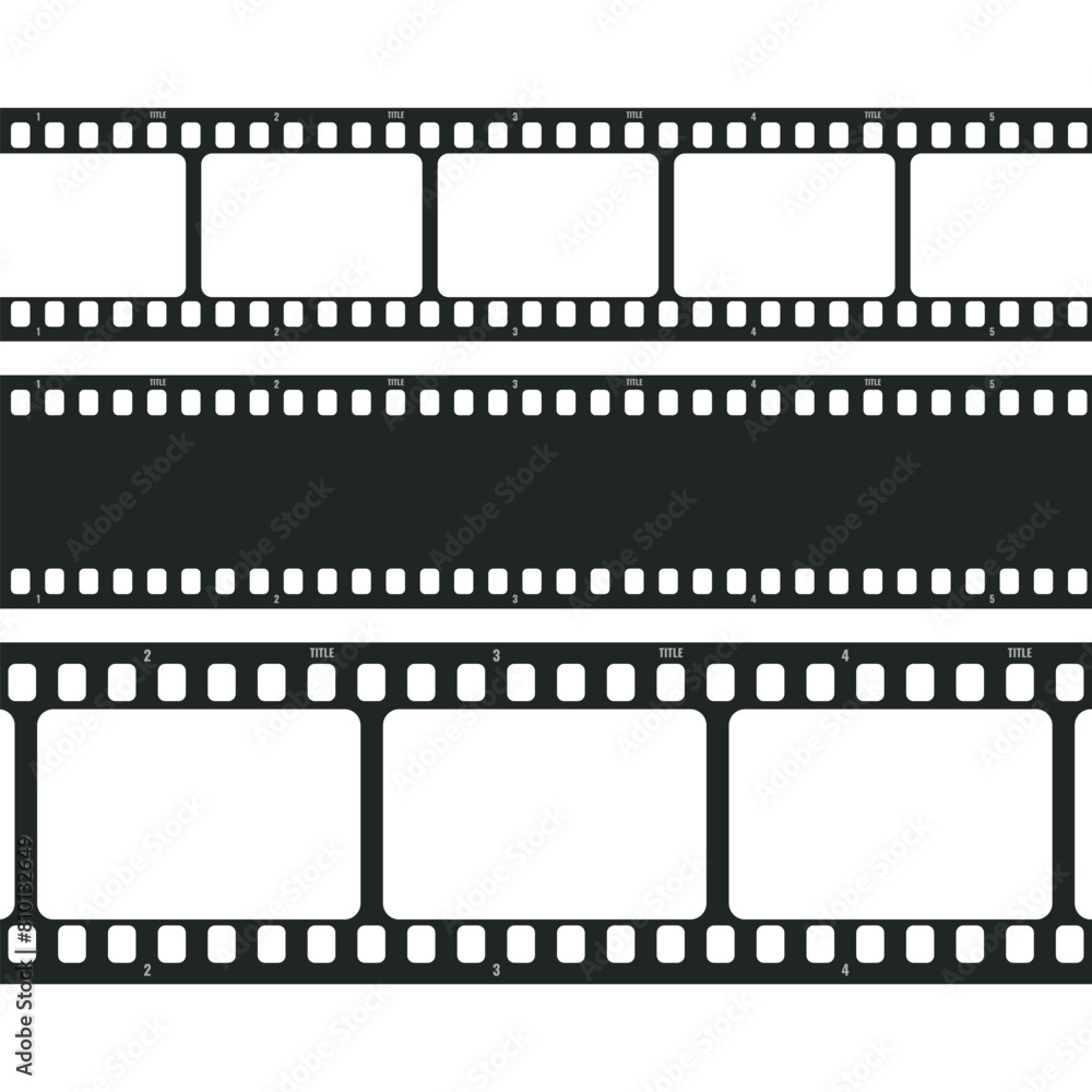 Movie long film strip set isolated on white background. Film strip template. Cinema and filmmaking concept. Vector illustration