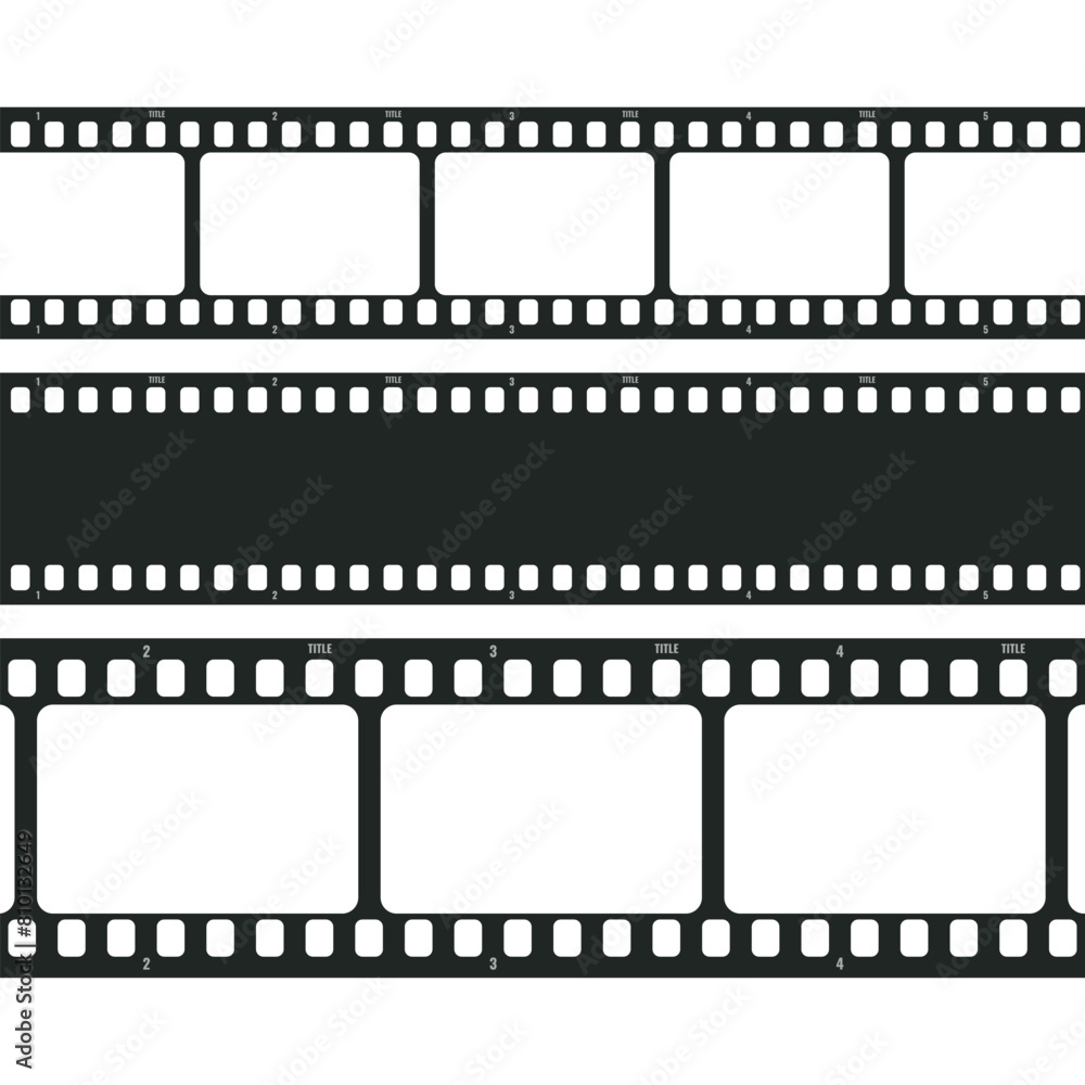 Movie long film strip set isolated on white background. Film strip template. Cinema and filmmaking concept. Vector illustration Movie long film strip set isolated on white background. Film strip template. Cinema and filmmaking concept. Vector illustration