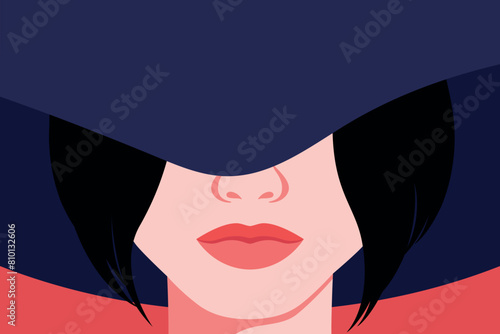 Portrait of a brunette woman in a hat. Abstract elegant woman with hat covering her eyes. Faceless portrait. Vector illustration